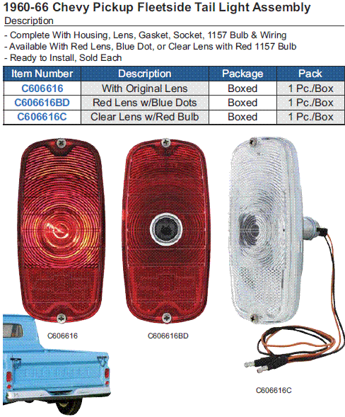 60-66 Chevy Stepside LED Tail Light Red Lens Black Assembly w// Brackets Flasher